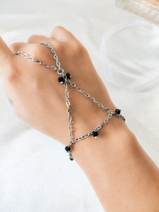 Handcrafted silver Hand Chain Bracelet with Black stones