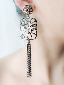 Black metal intricate chain tassel handcrafted earrings
