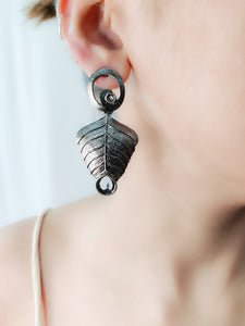 Black metal handcrafted leaf earrings