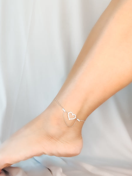 Cz heart waterproof silver handcrafted anklet