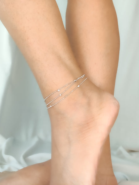 Handcrafted triple layered waterproof silver anklet