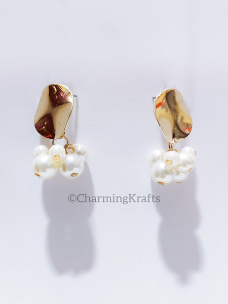Golden Charm Plate Faux Pearl Handcrafted Earrings