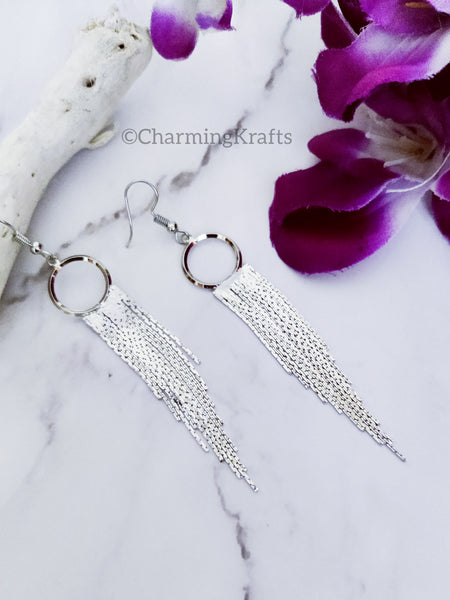 Silver Handcrafted Multi Chain Tassel Earrings