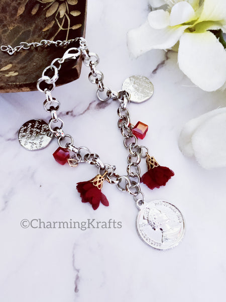 Silver And Red  Handcrafted Charm Bracelet