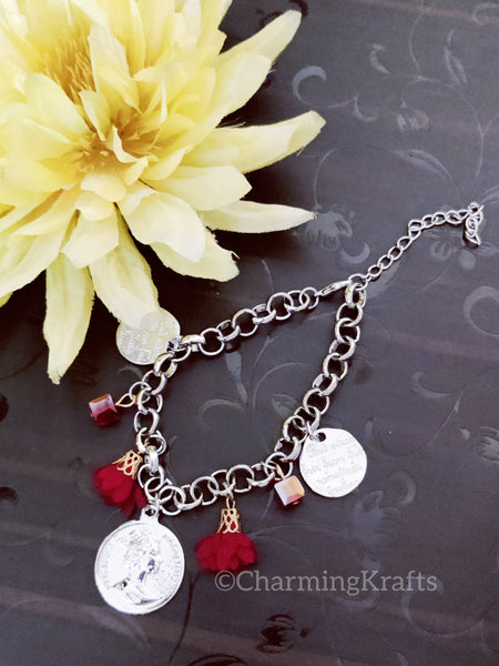 Silver And Red  Handcrafted Charm Bracelet