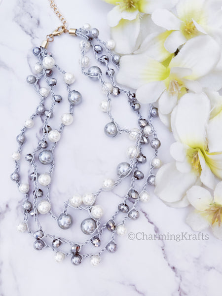 Silver Multilayer Faux Pearl Handcrafted Necklace