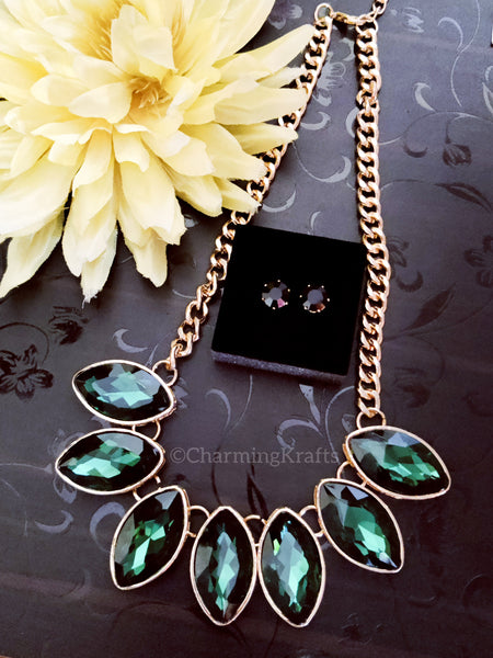Green Rhinestone Handcrafted Necklace Set
