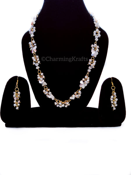Silver Opaque Glass Crystals Butterfly Charm Handcrafted Necklace Set