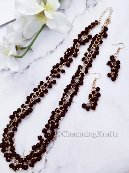 Black Glass Bead Handcrafted Chain Necklace Set