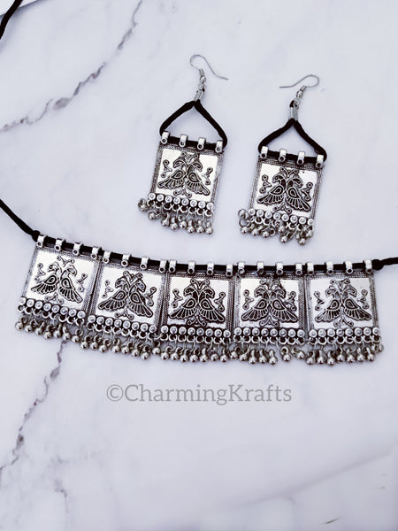 Silver Oxidized Folk Chokker Jewelry Set