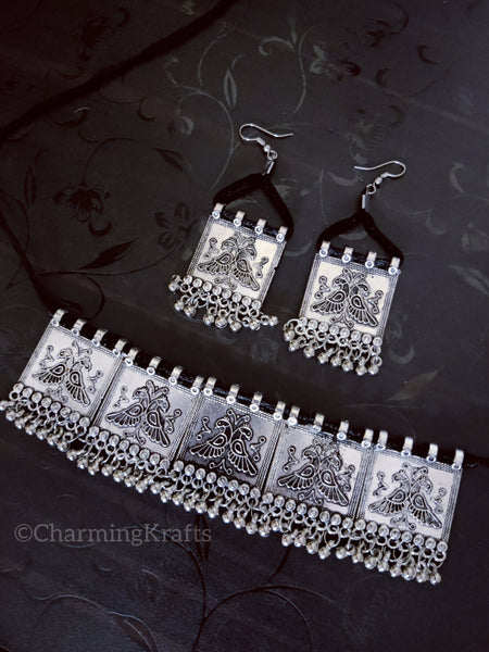 Silver Oxidized Folk Chokker Jewelry Set