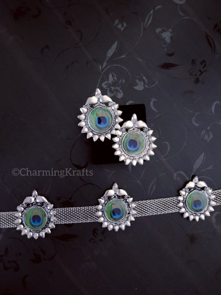 Silver Oxidized Peacock Color Choker Necklace Set