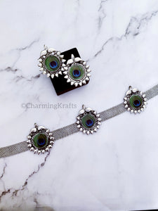 Silver Oxidized Peacock Color Choker Necklace Set