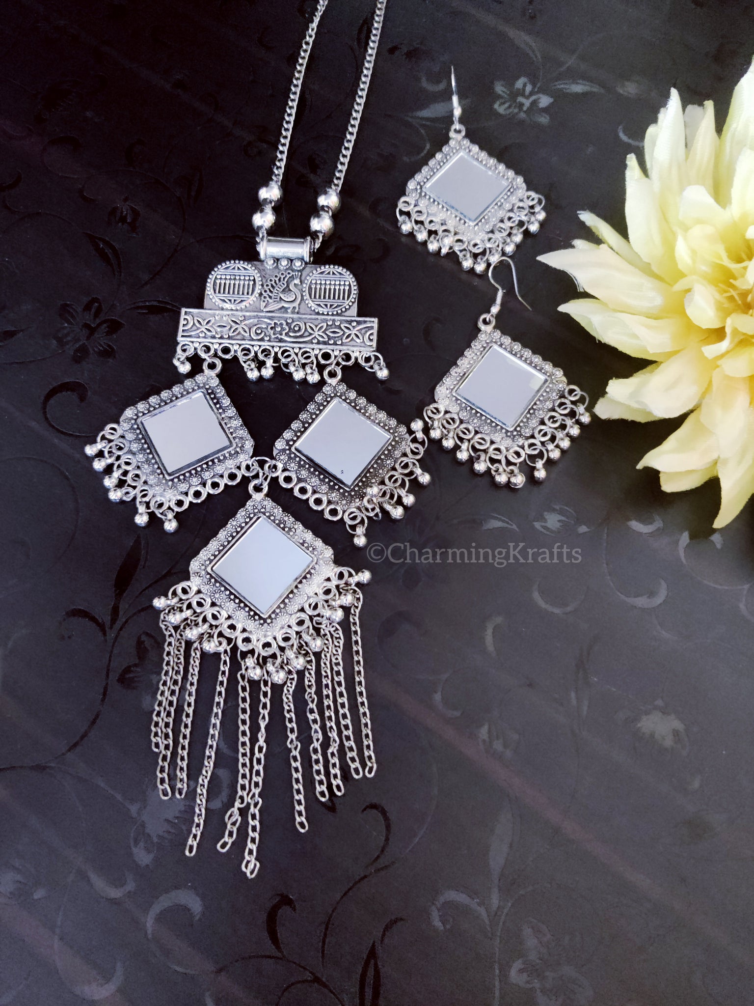 Boho German Silver Mirror Necklace Set