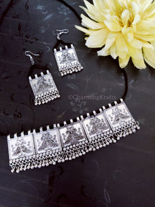 German Silver Rectangular with Ghungroo Choker Necklace Set