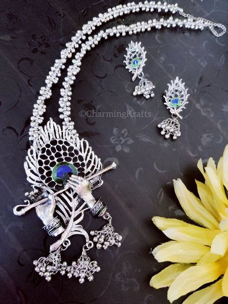 Long Silver Oxidized Krishna Necklace Set