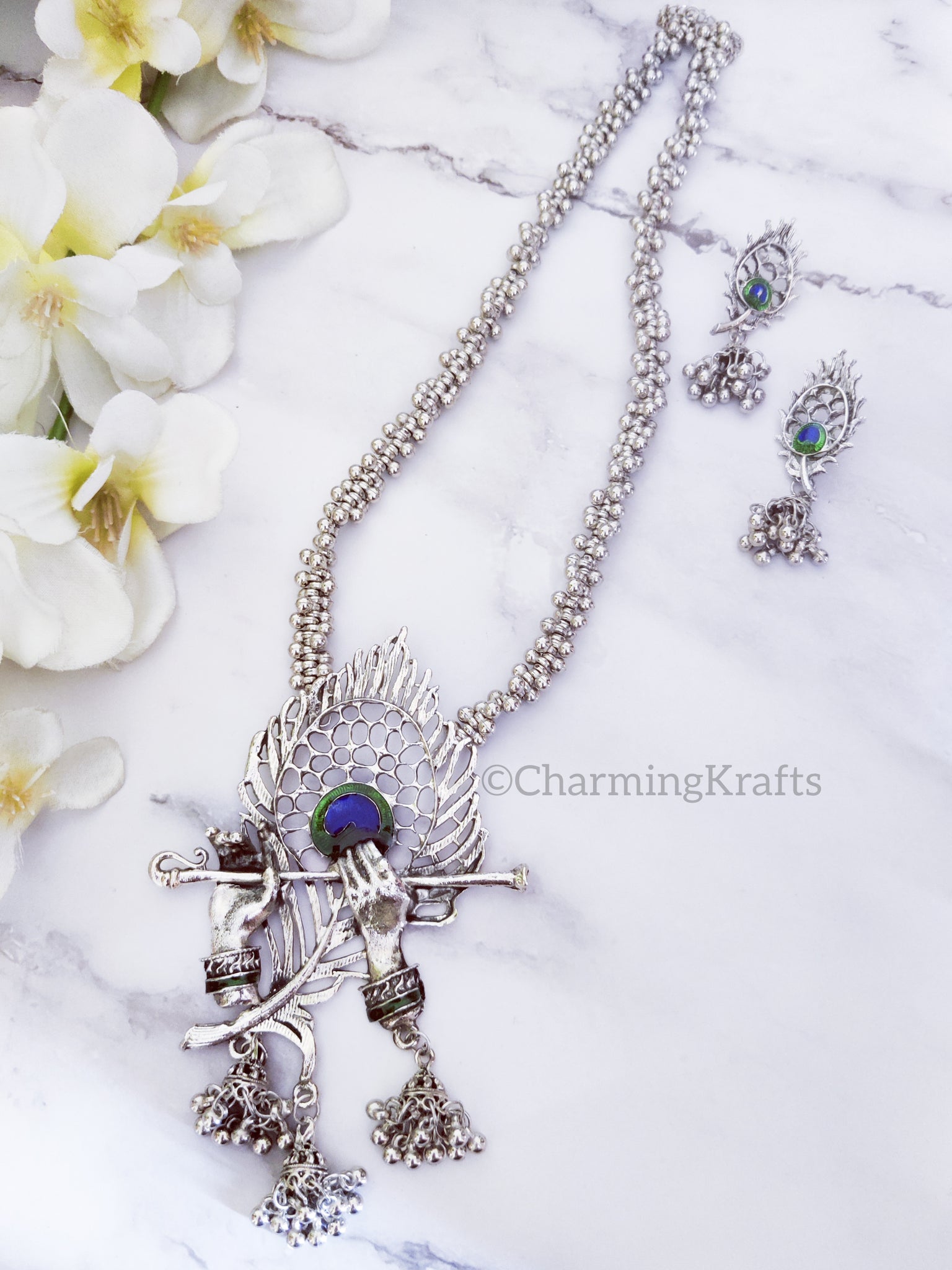 Long Silver Oxidized Krishna Necklace Set