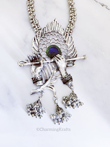 Long Silver Oxidized Krishna Necklace Set