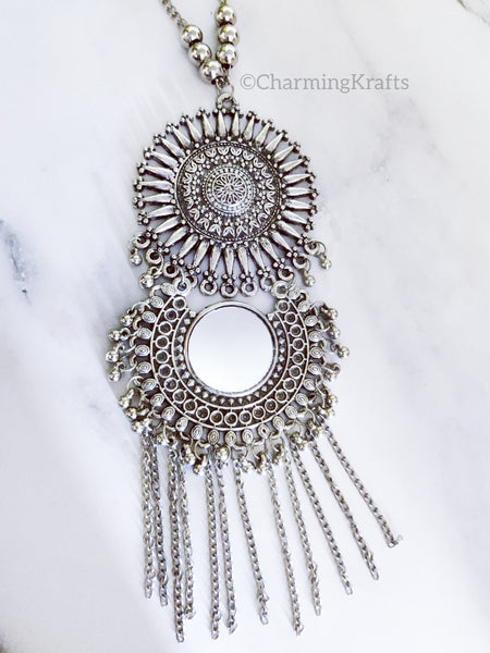 German Silver Statement Round mirror and Ghungroo Necklace Set
