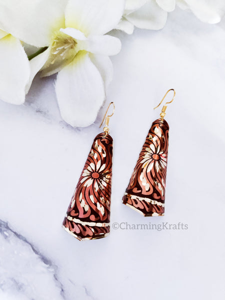 Brown with Golden Imprint Handcrafted Earrings