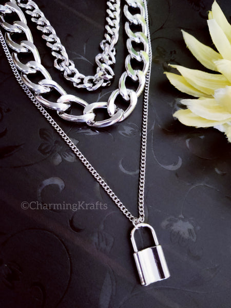 Silver Colored Thick chains with Lock Handcrafted Necklace