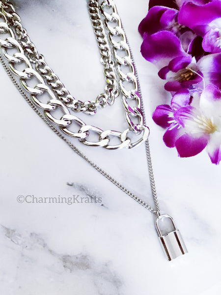 Silver Colored Thick chains with Lock Handcrafted Necklace