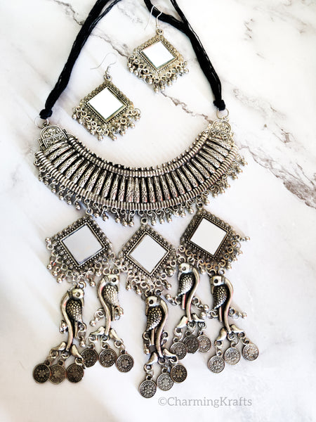 Oxidized Long Afghani Mirror Work Necklace Set