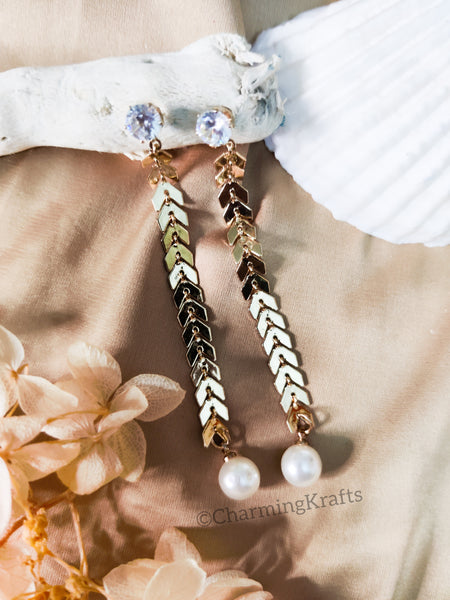 Elegant Golden Earrings with Crystal and Faux Handcrafted Pearls
