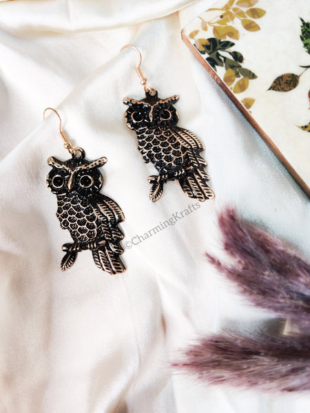 Black Metal Golden Tone Owl Earrings