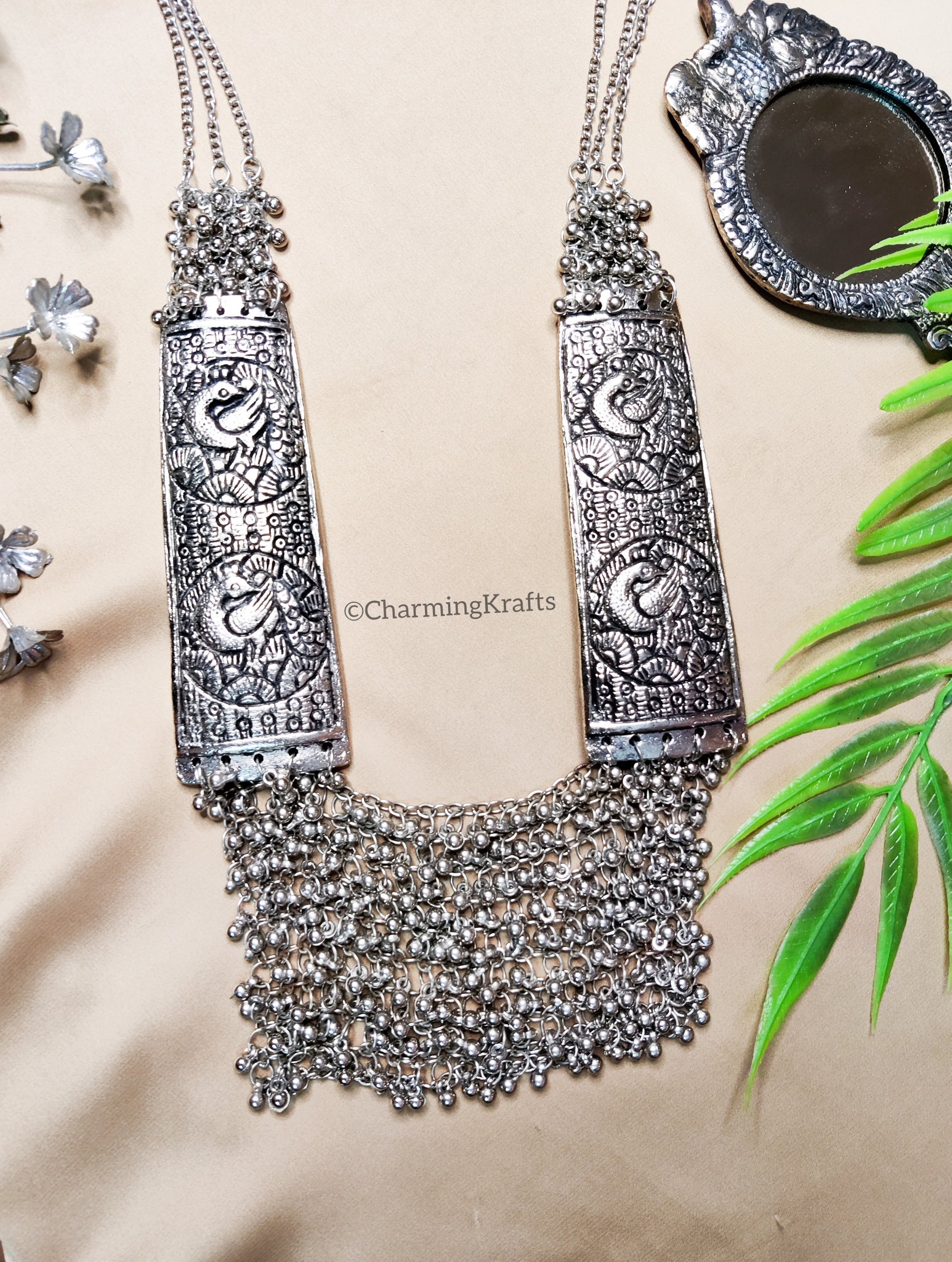 Long and Carved Oxidized Necklace