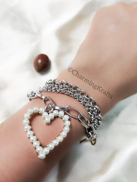 Handcrafted Bracelet with Heart, Coins and Pearls