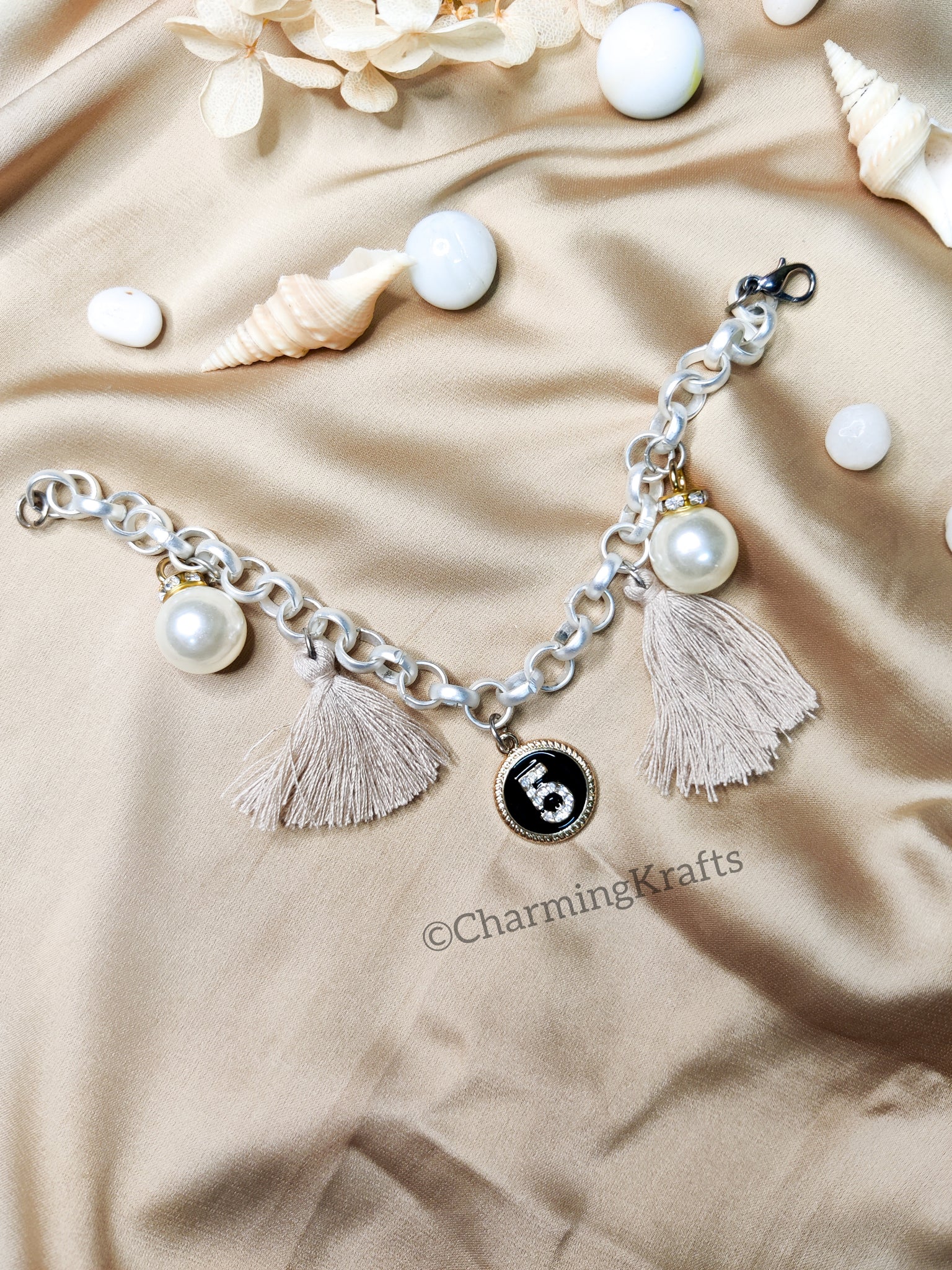 Silver with Beige Tassels and Charms Handcrafted Bracelet