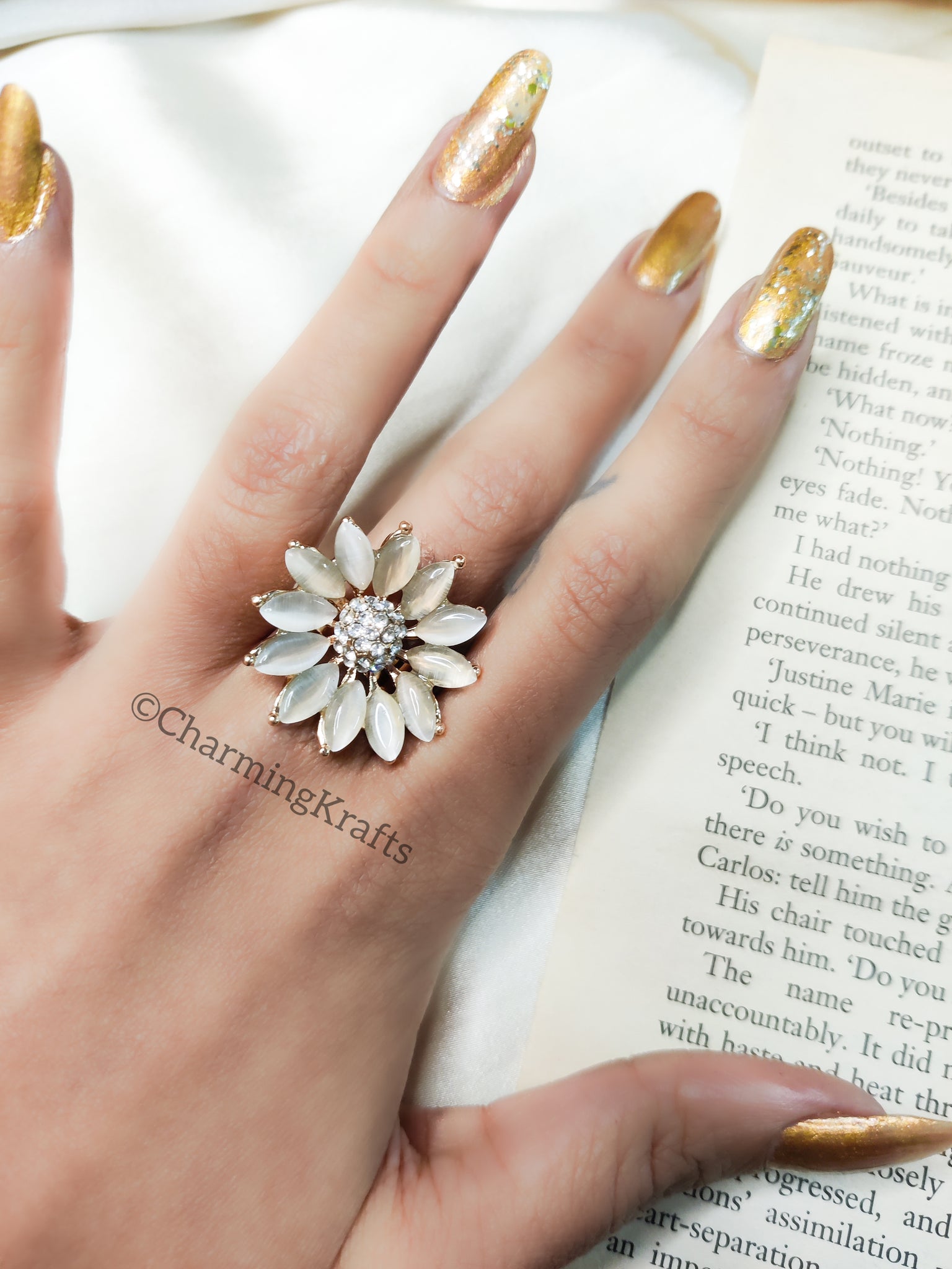 Sunflower and Swarovski Handcrafted Ring